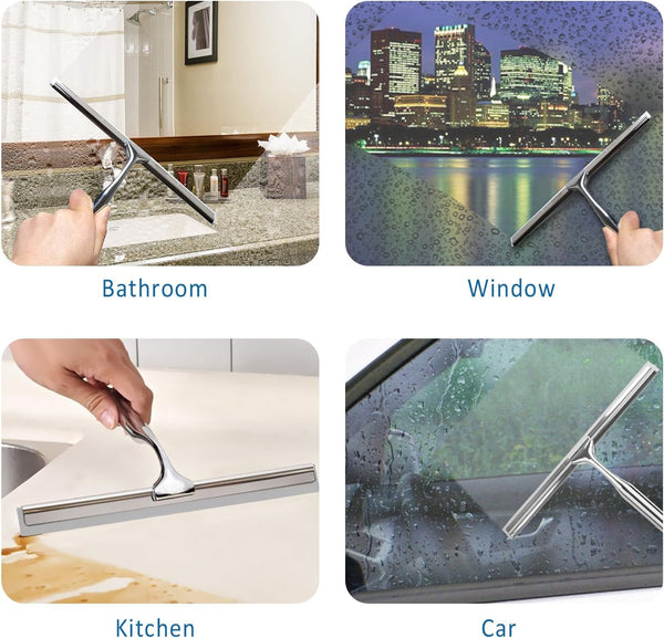 Ulinek Shower Window Squeegee, Stainless Steel Squeegee Shower Wiper Scraper Cleaner with Strong Storage Hook for Bathroom Floor Kitchen Wet Room Mirror Car Window Glass Cleaning