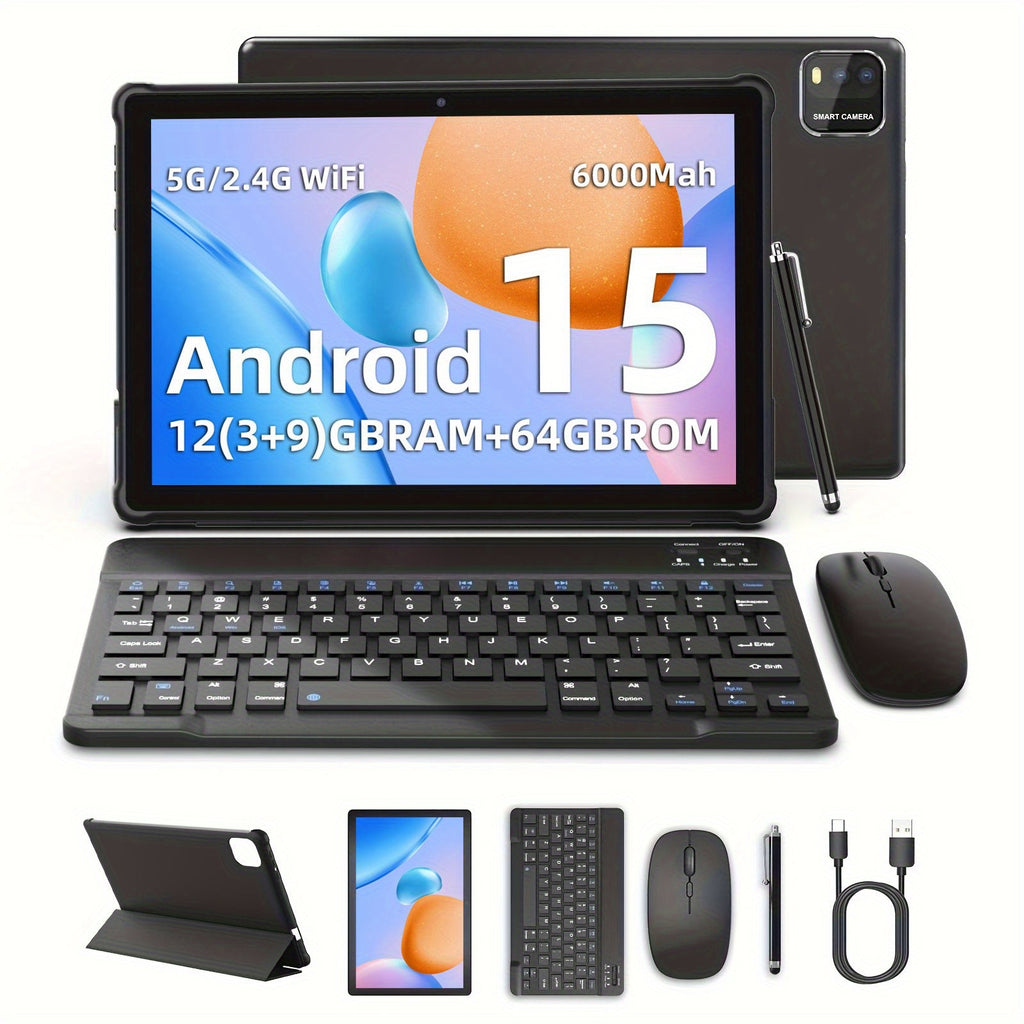 Newly Upgraded Android 15 System, 10.1-inch New Tablet Computer, 12 (3+9)GB RAM, 64GB ROM + 1TB Expandable Memory, With Keyboard, Mouse And Stylus, 2.0+8.0MP, 5G WiFi 6, 6000mAh Long-life Battery, Powerful Core, Perfect For Tech Enthusiasts And Home Offic