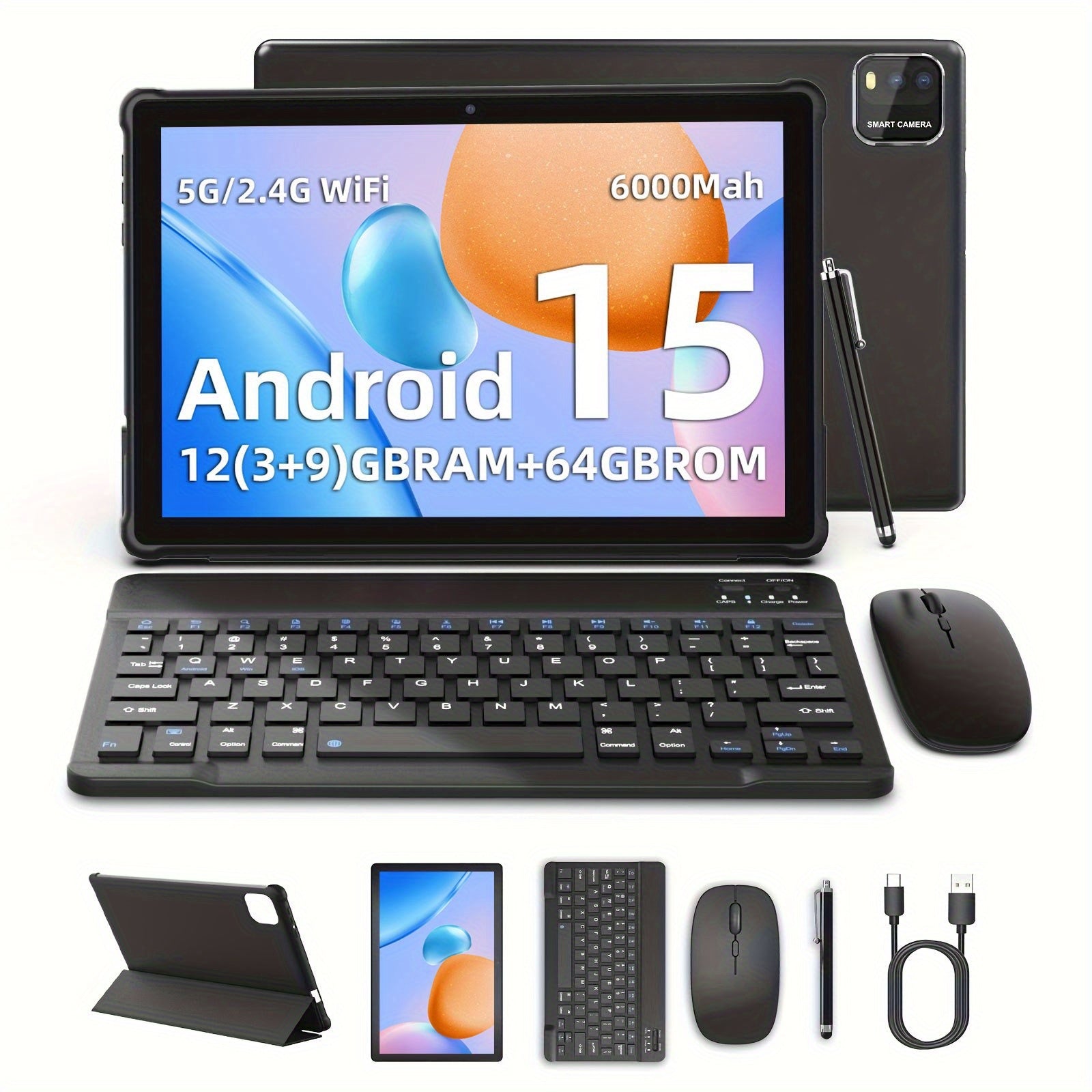 Newly Upgraded Android 15 System, 10.1-inch New Tablet Computer, 12 (3+9)GB RAM, 64GB ROM + 1TB Expandable Memory, With Keyboard, Mouse And Stylus, 2.0+8.0MP, 5G WiFi 6, 6000mAh Long-life Battery, Powerful Core, Perfect For Tech Enthusiasts And Home Offic