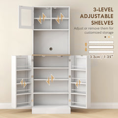 169cm Kitchen Cupboard, Freestanding Storage Cabinet with Microwave Shelf, Adjustable Shelves & 8 Door Storage, Modern Kitchen Pantry with Glass Door for Living Room, Dining Room, White