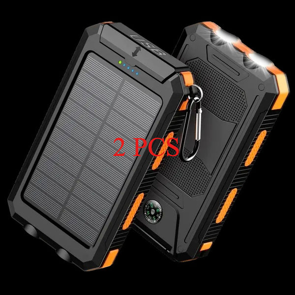 2pcs 20000mAh Portable Solar Power Bank, Portable Solar Mobile Phone Charger, Camping External Battery Charger for Mobile Phones, 2 USB/ LED Flashlights with Compass for Outdoor Activities