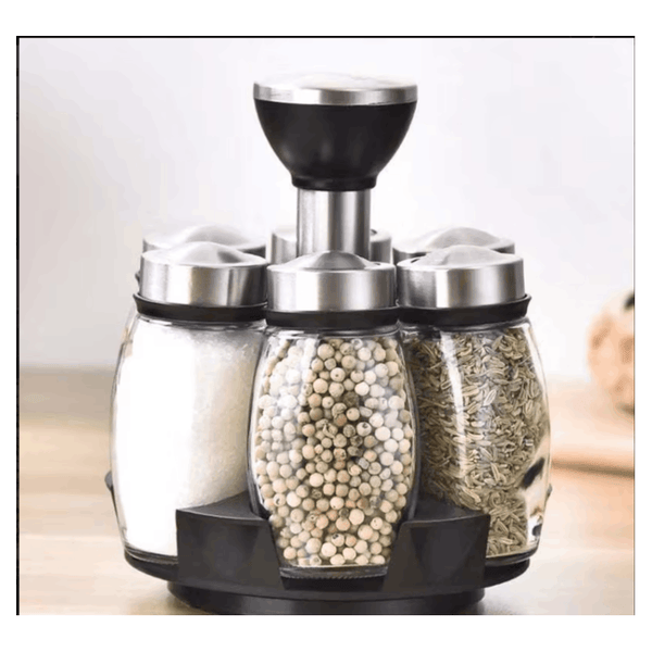6pcs Jar Stainless Steel Rotating Spice Rack with Clear Glass Jars - 360°