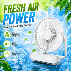 Mini Portable USB Fan Desktop Fan Rechargeable, Ultra-Quiet 5-Speed Adjustment Foldable 180 Degree Adjustable with LED Display for Office, Home, Outdoor, Camping And Travel