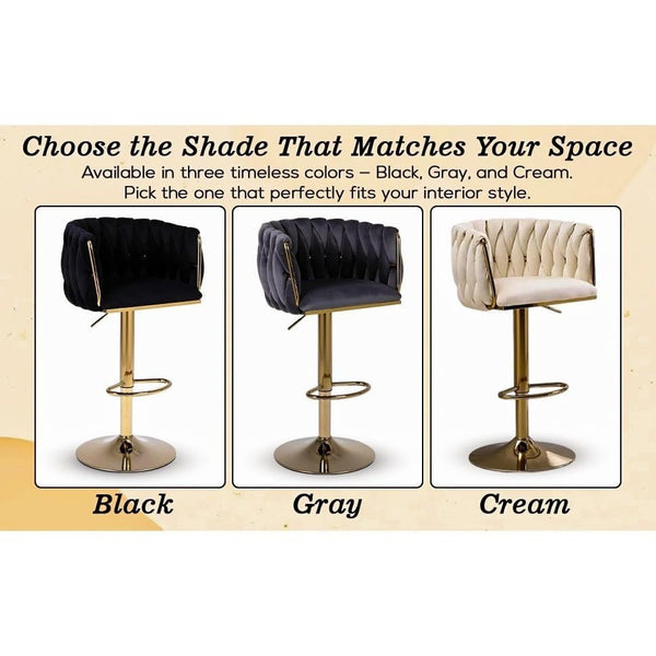 Set of 2 x Velvet Woven Upholstered Adjustable High Swivel Breakfast Bar Pub Home Stool Chair With Gold Metal base & Gas Lift (Cream/Gold)