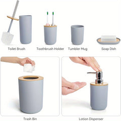 6pc Grey Black White Bathroom Accessories- Bathroom Bin And Toilet Brush Set- Durable Toothbrush Holder Cup- Soap Dispenser With Pump- Soap Dish Holder