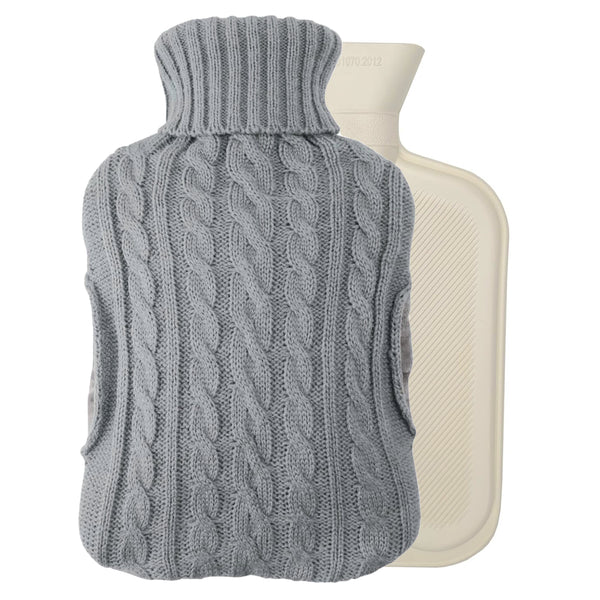 2L Hot Water Bottle with Built in Pockets & Knitted Cover Bag - Natural Rubber, Hot Water Bag for Hot and Cold Compress, Neck and Shoulder Pain – Hand Feet Warmer