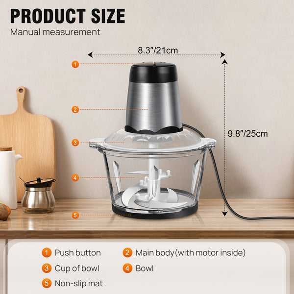 300W 2L Meat Grinder Electric Multifunctional Food Mini Chopper Processors & Chopper with 2L Glass Container, 2 Speed Settings, One Touch Operation, Easy to Clean, Silent Design, Dishwashable Electric Chopper for Chopping Meat, Fruit, Vegetable, Nuts, Car