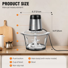 300W 2L Meat Grinder Electric Multifunctional Food Mini Chopper Processors & Chopper with 2L Glass Container, 2 Speed Settings, One Touch Operation, Easy to Clean, Silent Design, Dishwashable Electric Chopper for Chopping Meat, Fruit, Vegetable, Nuts, Car