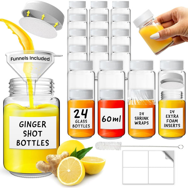 Shot Bottles with Lids - Reusable Glass Shot Bottles with Lids, Funnel, Labels, Shrink Wrap, Cleaning Brush and Extra Foam Insert - Portable and Leakproof