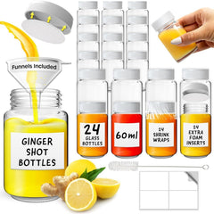 Shot Bottles with Lids - Reusable Glass Shot Bottles with Lids, Funnel, Labels, Shrink Wrap, Cleaning Brush and Extra Foam Insert - Portable and Leakproof