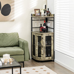 GOFLAME Corner Bar Cabinet Industrial Wine Buffet Cabinet with Glass Holder Mesh Doors