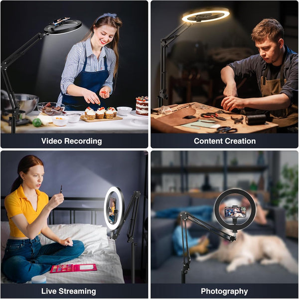 Evershop Ring Light with Tripod Stand & Phone Holder Overhead Phone Camera Mount with Remote Control,10” Circle Ringlight Flexible 70.8” 360° Rotatable Lamp for Video,Photo,Painting,Make Up,Cri>95