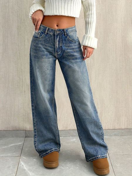 Women'S Y2K Street Style Straight Leg Jeans for Winter - Casual Denim Pants for in Retro Vintage Blue