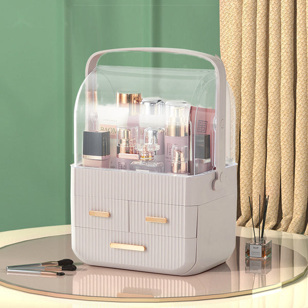 3-Tier Pink Jewelry Storage Box with Protective Lids, Plastic Makeup Organizer Features Multi-Drawer System, Desktop Display Case 24.6x18.6x35.3cm Perfect for Organizing Lipsticks, Cosmetics and Jewelry Pieces on Bathroom Counter and Dresser Top