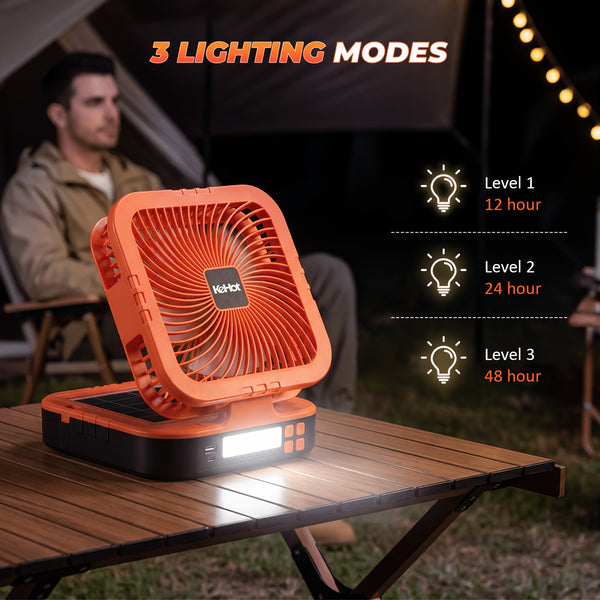 Portable Solar Camping Fan with LED Light, Rechargeable Outdoor Tent Fan, 4 Wind Speeds, Adjustable Brightness, Oscillating Fan with USB Power Bank Function, Type-C Charging