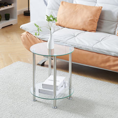 Round Side Table, Glass Sofa Side Table for Living Room, 2-Tier Small Coffee Table with Glass Top and Chrome Legs