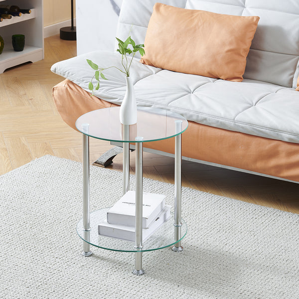 Round Side Table, Glass Sofa Side Table for Living Room, 2-Tier Small Coffee Table with Glass Top and Chrome Legs