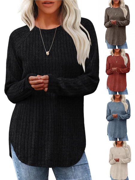 Ladies' Basic Long-Sleeve Sweater, Loose-Fit Top with Elegant Crew Neck.
