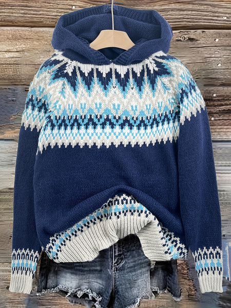 Women's Winter Hooded Jacquard Sweatshirt Style Glacier Snow Mountain Chunky Elegant Fashionable Comfortable Casual Vintage Commuter Soft Slim-Fit Top