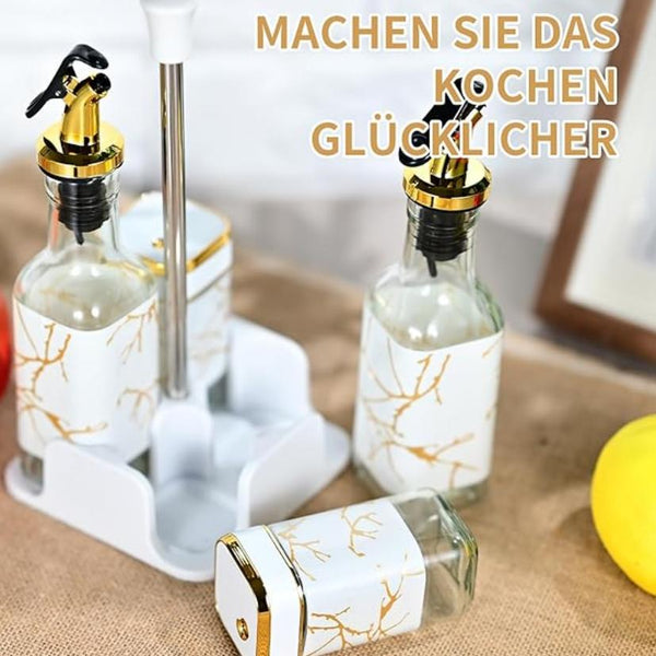 Set of 2 square spice jars with white screw caps + set of 2 glass olive oil bottles with bases - salt and pepper shaker set - vinegar and oil set - spice shaker set - spice jars - glass spice organizer