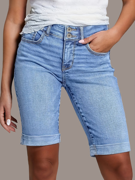 Women'S 2026 Summer New Stretchy High-Waisted Tummy Control Denim Shorts, Light Blue Washed with Pockets Slim-Fit Cuffed Casual Shorts, Comfortable Spring/Summer Ladies' Jeans Pants for Travel And Work - Boyfriend-Style Shorts