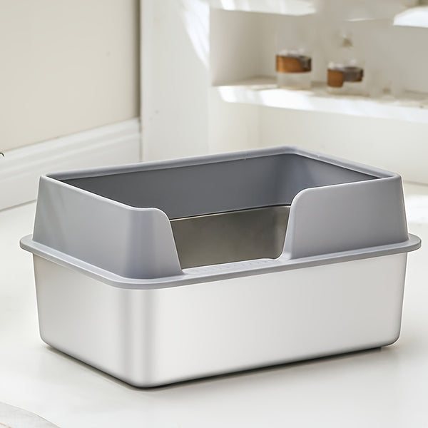XL Stainless Steel Cat Litter Box, Large Cat Litter Tray with High Sides Anti Leakage, Odor Control, Metal Litter Box with Anti-slip Bottom, Easy Cleaning Kitten Litter Tray for Cats, Black Grey