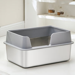 XL Stainless Steel Cat Litter Box, Large Cat Litter Tray with High Sides Anti Leakage, Odor Control, Metal Litter Box with Anti-slip Bottom, Easy Cleaning Kitten Litter Tray for Cats, Black Grey