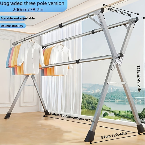 A Stainless Steel Foldable Clothes Drying Rack with Retractable Adjustable Double Bars And A Multi-Functional Drying Rack Suitable for Indoor And Outdoor Use. for Clothes, Quilts, And Bedding, It Provides Space-Saving Storage, Decoration