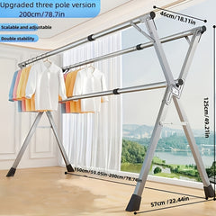 A Stainless Steel Foldable Clothes Drying Rack with Retractable Adjustable Double Bars And A Multi-Functional Drying Rack Suitable for Indoor And Outdoor Use. for Clothes, Quilts, And Bedding, It Provides Space-Saving Storage, Decoration