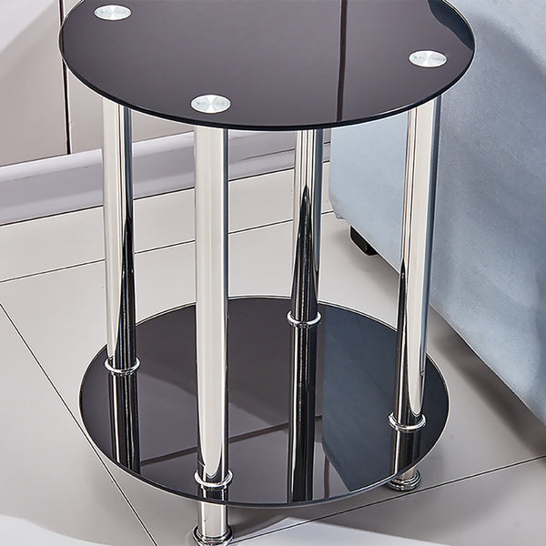Round Side Table, Glass Sofa Side Table for Living Room, 2-Tier Small Coffee Table with Glass Top and Chrome Legs