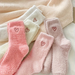 5 Pairs of Cozy Heart-Embroidered Socks - Soft, Fluffy, Mid-Calf Length, Perfect for Women, Autumn & Winter, Autumn Winter Socks | Heart Embroidery Socks | Texture Socks