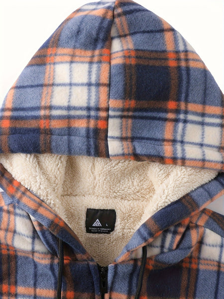 Men's Heavyweight -Lined Hooded Jacket - Full-Zip Plaid Thickened Shirt with Pockets and Adjustable Drawstring, Comfortable and Warm for Autumn and Winter