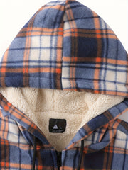 Men's Heavyweight -Lined Hooded Jacket - Full-Zip Plaid Thickened Shirt with Pockets and Adjustable Drawstring, Comfortable and Warm for Autumn and Winter