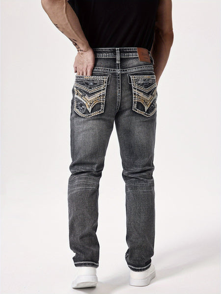 Men'S Elastic Washed Denim Jeans with Thick Line Embroidery on The Front And Back Pockets
