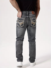 Men'S Elastic Washed Denim Jeans with Thick Line Embroidery on The Front And Back Pockets