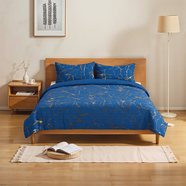 1set Blue Gilded Stone Pattern Printed Shimmering Bedding Set of Three Pieces, Equipped with 2 Pillowcases Suitable for All Seasons and 1 Soft and Comfortable Duvet Cover