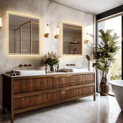 Square LED Bathroom Mirror Measuring 800X800Mm, Featuring Illuminated Backlighting, Wall Mounting, an Anti-Fog Demister, a Smart Touch Button, And Dimmable Settings for Makeup Application