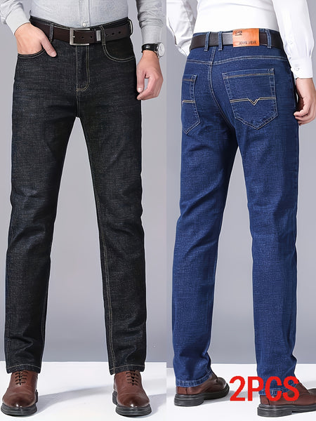 Men's Business Casual Jeans 2pcs All-Season Slim Fit Slight Straight Leg Wrinkle-Free Process Mid-Rise Comfortable Breathable for Commuting and Dating
