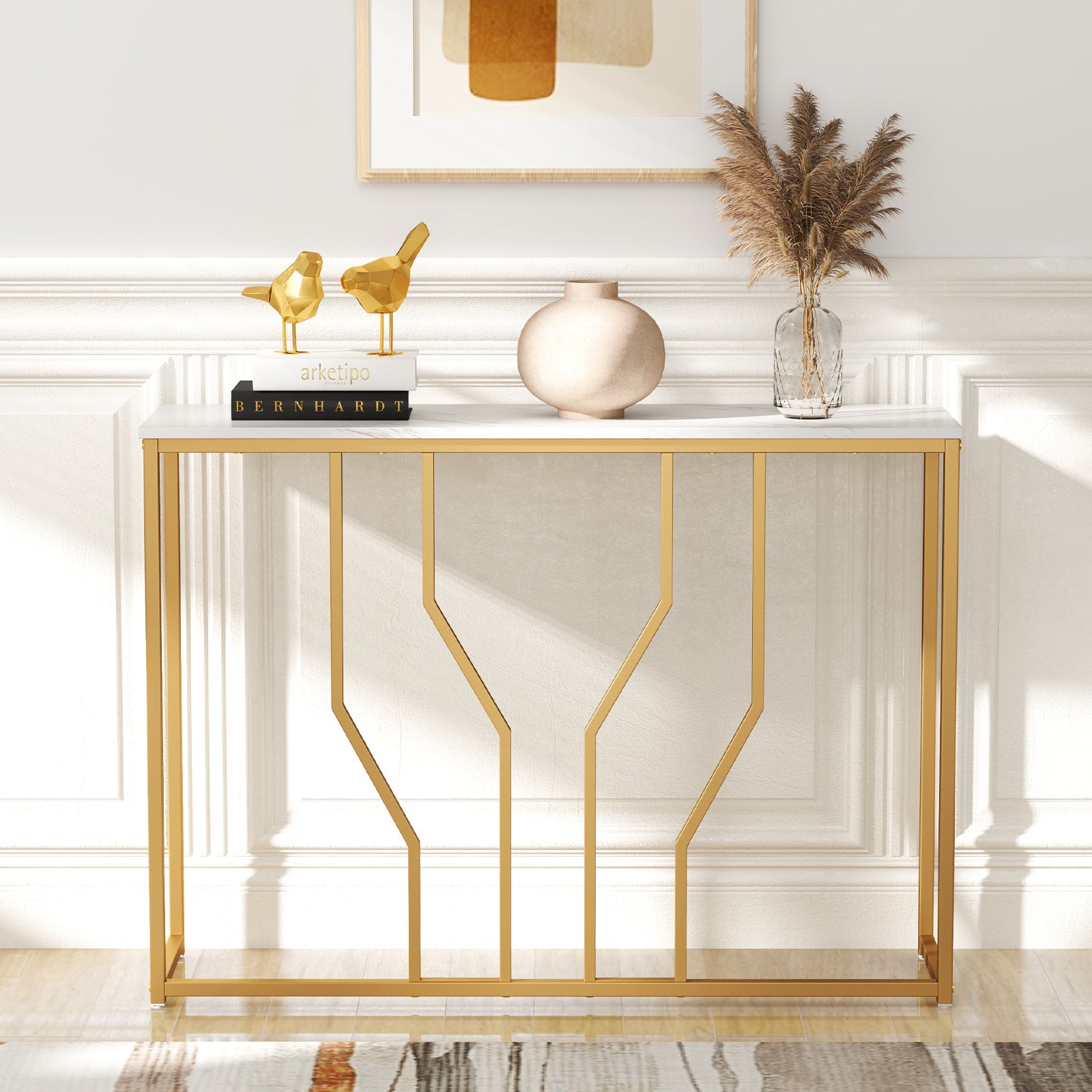 ERGOMASTER Gold Console Table, Modern White Faux Marble Entryway Table, Narrow Sofa Side Table with Geometric Metal Frame, for Living Room, Hallway & Entrance, 110 x 30 x 80 cm