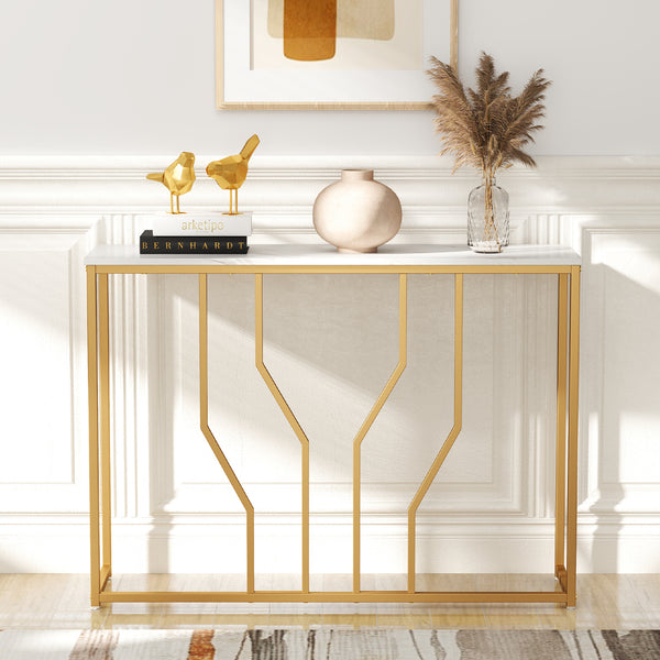 ERGOMASTER Gold Console Table, Modern White Faux Marble Entryway Table, Narrow Sofa Side Table with Geometric Metal Frame, for Living Room, Hallway & Entrance, 110 x 30 x 80 cm