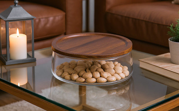 Glass Fruit Bowl with Wooden Lid, Decorative Serving Bowl with Acacia Tray Cover – Large Clear Storage Bowl for Fruit, Snacks, Sweets, Salad or Table Display