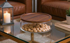 Glass Fruit Bowl with Wooden Lid, Decorative Serving Bowl with Acacia Tray Cover – Large Clear Storage Bowl for Fruit, Snacks, Sweets, Salad or Table Display