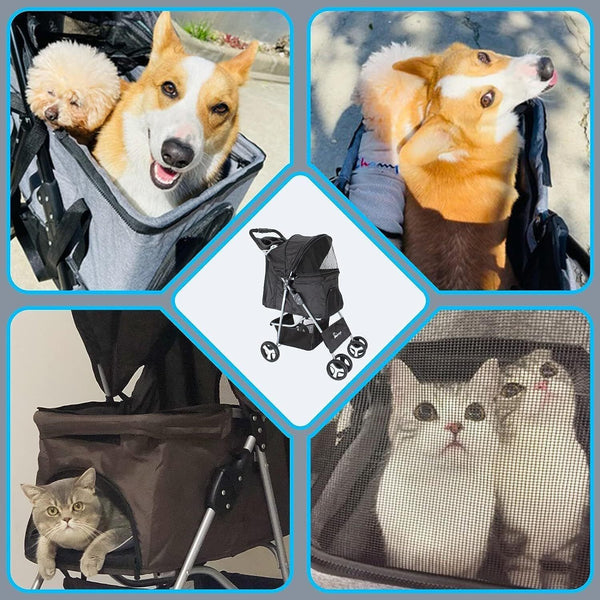 Foldable Pet Stroller With Rain Cover, Portable Foldable Outdoor Walking Cart with Large Space, Hand-Pull Design, Durable Oxford Fabric, Ergonomic Handle & Ventilation Mesh, Lightweight & Sturdy Frame For Small To Medium Dogs - Outdoor Pet Carrier, Modern