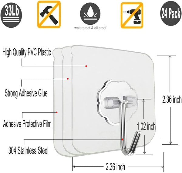 Jiaweixiang 24 Pack Heavy Duty Self Adhesive Hooks - 33Lb Max, Transparent, Waterproof, Sticky Wall Hooks for Keys, Bathroom, Shower, Outdoor, Kitchen, Door, Home Improvement, Utility