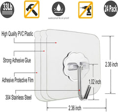 Jiaweixiang 24 Pack Heavy Duty Self Adhesive Hooks - 33Lb Max, Transparent, Waterproof, Sticky Wall Hooks for Keys, Bathroom, Shower, Outdoor, Kitchen, Door, Home Improvement, Utility