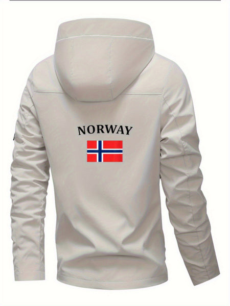 Men'S & Women'S Windproof Jacket with Norway Flag Print - All-Season Outdoor Windbreaker, Full-Zip Hooded Coat with Zippered Pockets, Machine Washable Polyester for Hiking, Camping, Travel - Beige/White Color Scheme, Hiking Gear, Casual Outerwear