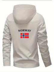 Men'S & Women'S Windproof Jacket with Norway Flag Print - All-Season Outdoor Windbreaker, Full-Zip Hooded Coat with Zippered Pockets, Machine Washable Polyester for Hiking, Camping, Travel - Beige/White Color Scheme, Hiking Gear, Casual Outerwear