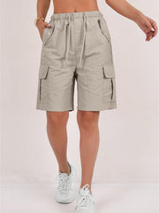 1pc Women' Elastic Waist Drawstring Cargo Shorts with Button Flap Pockets - Knee-Length Bermuda Utility Shorts Suitable for, Camping, Casual Wear, Machine Washable Multi- Shorts for Outdoor & Daily Outfits