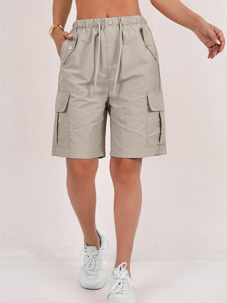 1pc Women' Elastic Waist Drawstring Cargo Shorts with Button Flap Pockets - Knee-Length Bermuda Utility Shorts Suitable for, Camping, Casual Wear, Machine Washable Multi- Shorts for Outdoor & Daily Outfits