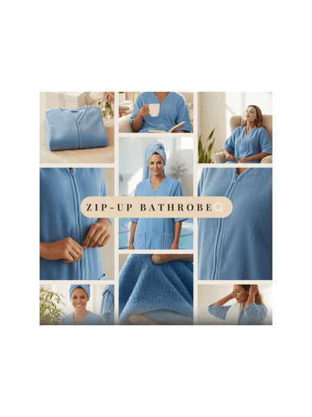 Women’s Zip-Up Cotton Bathrobe – Soft Terry Towelling Dressing Gown, Absorbent Towel Robe for Home & Spa Use